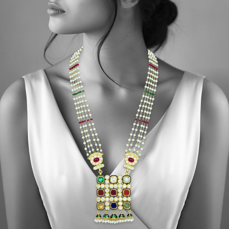 Pearl Necklace with Navratan Pendant and Ruby-Emerald Beads